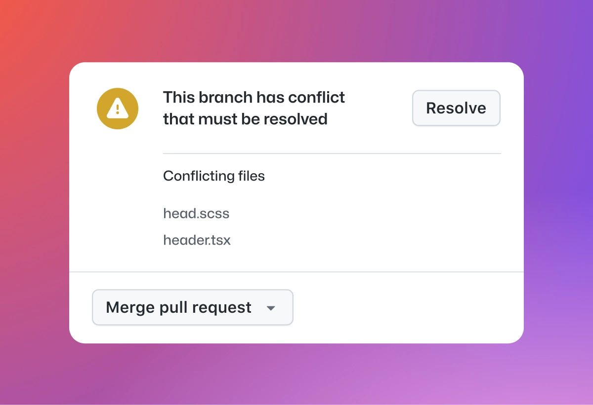 Alert indicating a branch conflict with files that need to be resolved before merging. The background has a pink-to-purple gradient.